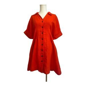 NWT Madewell Red Bright Flame Pleated Mini Shirtdress Size Medium 100% linen